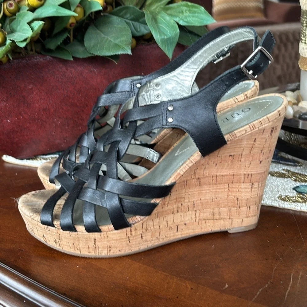 Guess Genuine Leather Black Multi-Strap Wedges Slingback Heeled Sandals Strappy